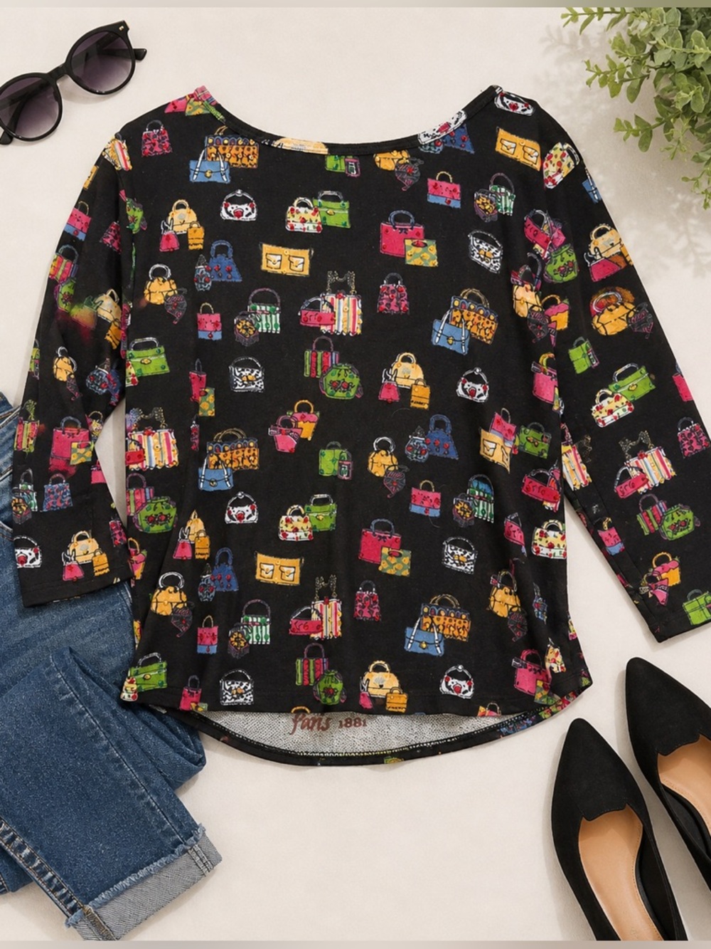 VTG Take Two Clothing Co Sequin Handbag Print Top XL Art to Wear Boho 90s Y2K